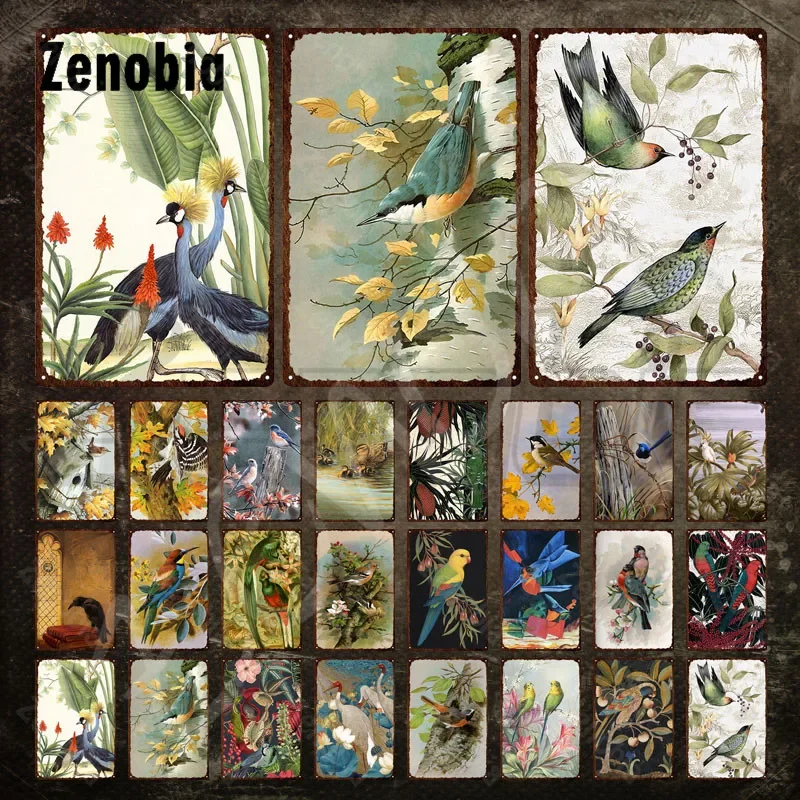 Metal Sign Wall Decor Flowers and Birds Vintage Tin Sign Decorative Iron Painting Wall Art Stickers Metal Plate for Home Decor