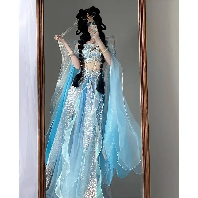 

Модифицированный вышитый танцевальный костюм Ханьфу в стиле русалки-принцессы, экзотический стиль, новинка лета 2025, женская традиционная китайская одежда