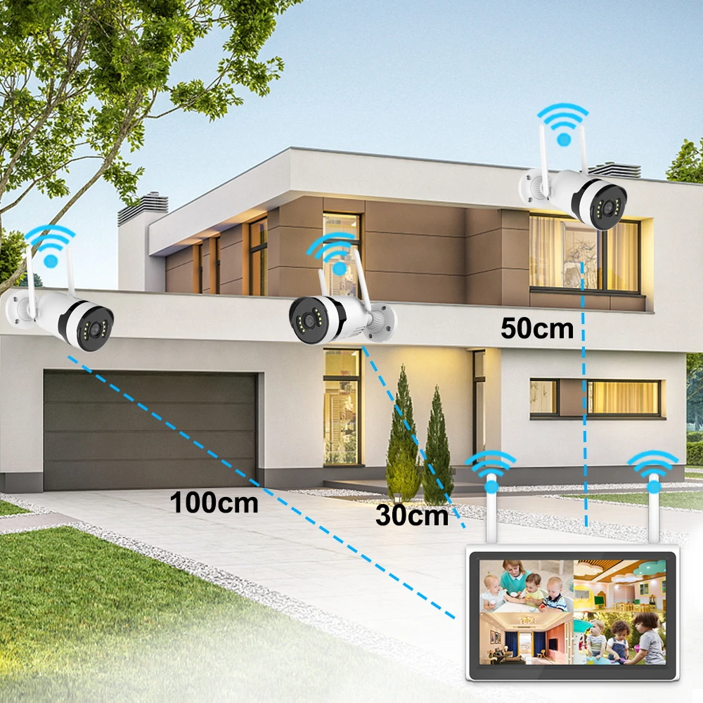 3MP 무선 보안 카메라 시스템 양방향 오디오 WIFI 카메라 4채널 NVR 키트 비디오 감시 시스템 10.1인치 LCD 포함