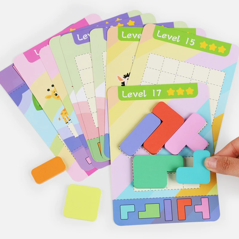 Juguete educativo de rompecabezas de madera, 7 bloques de construcción de colores de madera y 9 tarjetas de desafío de doble cara, juego de capacidad de pensamiento de ejercicio