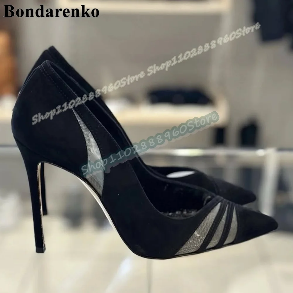

Black Flock Gauze Splicing Pointy Pumps Stilettos High Heel Women Shoes Slip On Pointed Toe Fashion Casual Zapatos Para Mujer