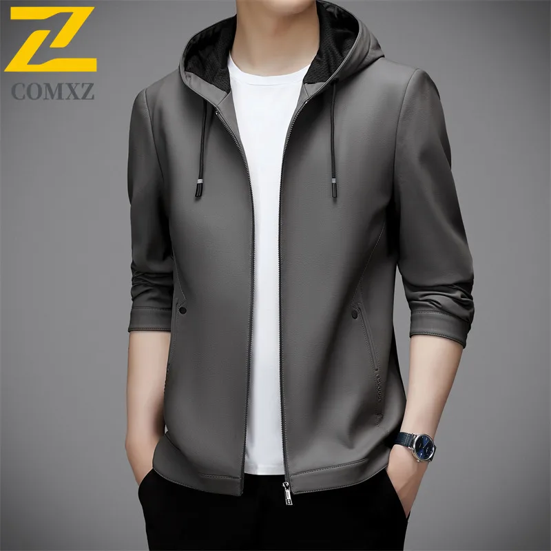 Mens Leather Jacket 2025 Autumn New Light Luxury Hooded Leather Coat Business Casual Stylish Wear Premium Quality Jackets
