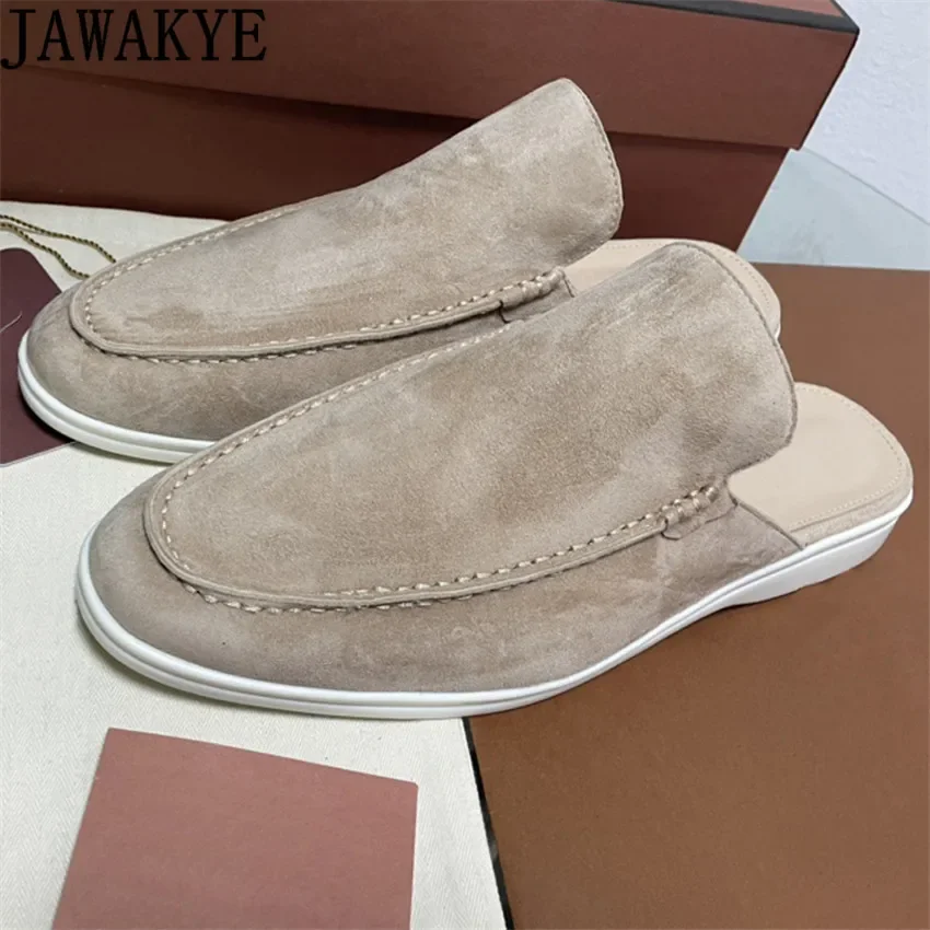 2024 New Leather Tassel Women Flat Mules Summer Walk Slides Suede Closed Toe Half Loafers Surround Comfort Casual Slippers Woman