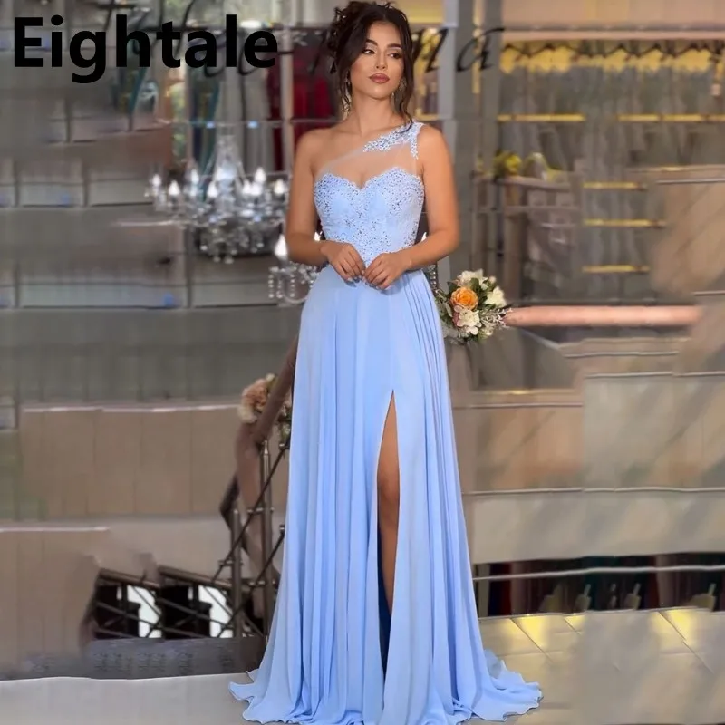 Customized Light Blue Chiffon Evening Dresses For Wedding Party One Shoulder Slit A Line Formal Prom Dress Dubai Party Gown