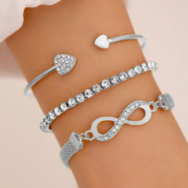 Vintage Set Silver Color Crystal Rhinestone Heart Bracelets for Women Fashion Geometric Adjustable Infinity Cuff Bangle Jewelry