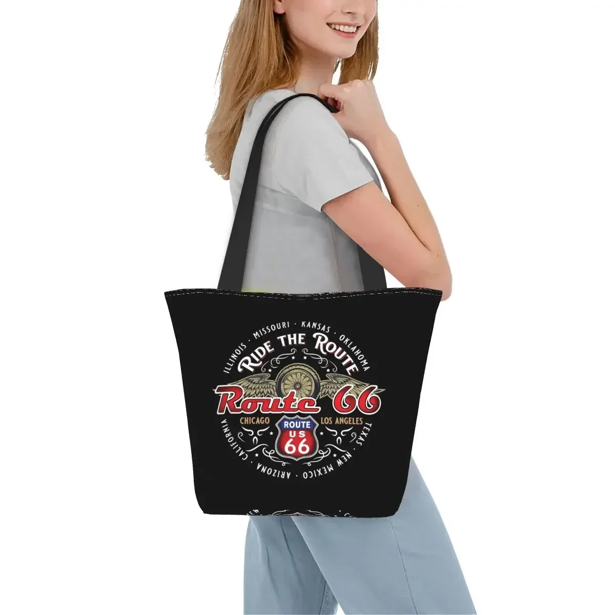 Custom Ride The Route 66 Shopping Canvas Bags Women Portable Grocery Biker Motorcycle Cruise America's Highway Shopper Tote Bags