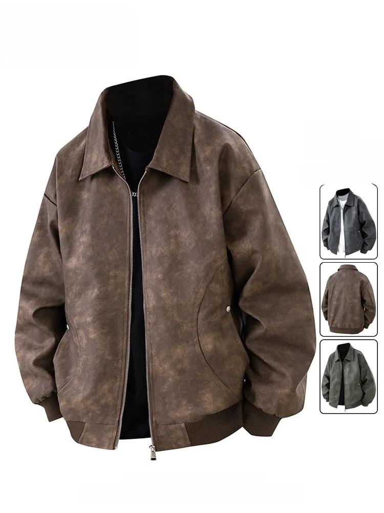 

Qinheng Pudong Thiened Retro American Sle Men's PU Leather Jaet Cotton Lined Large Size with Collar Autumn Winter Coat