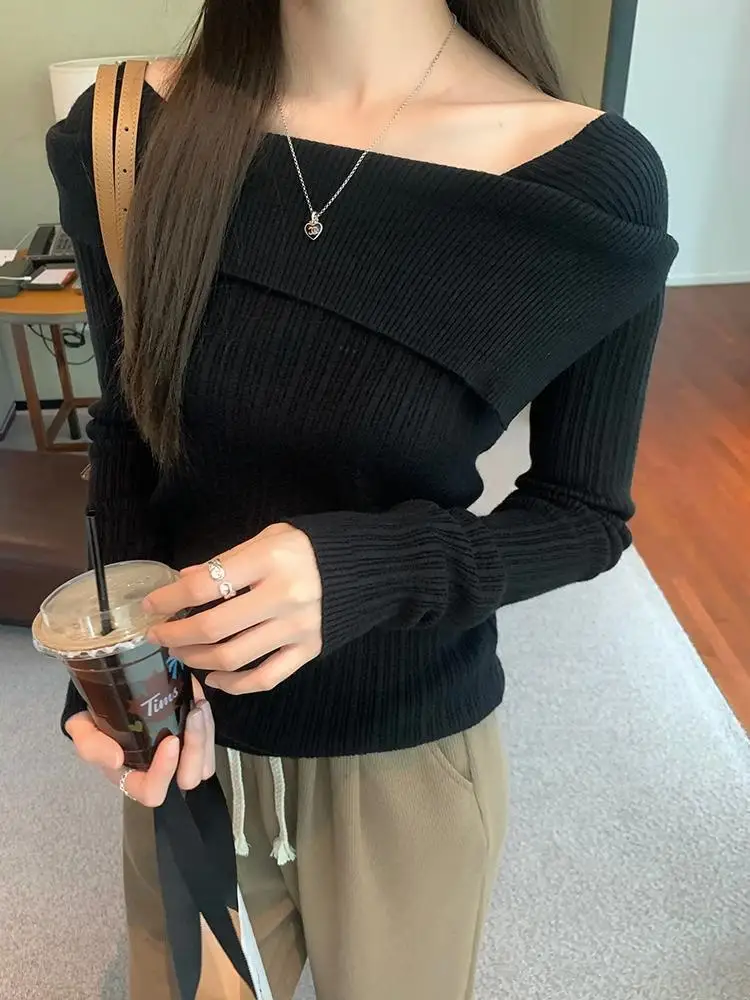 

Women Slim Off Shoulder Knit Sweater Slash Neck Long Sleeve Knitwear Jumpers Office Sweater For Women 2024 Autumn Winter