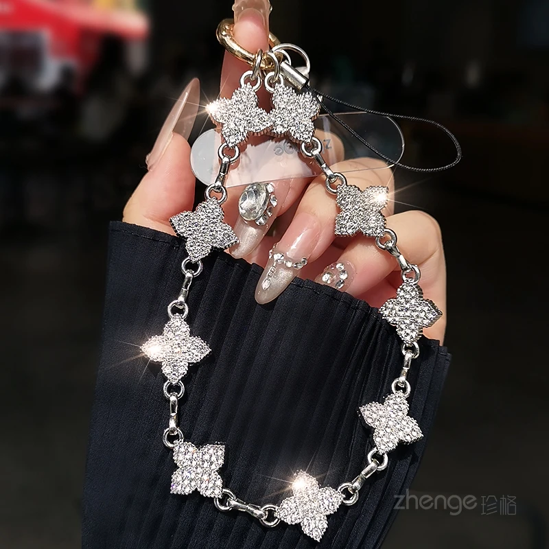 

Ремешок для мобильного телефона, браслет со сверкающими бриллиантами, женский кулон в форме сердца клевера, короткий уличный модный Tren с защитой от потери на запястье