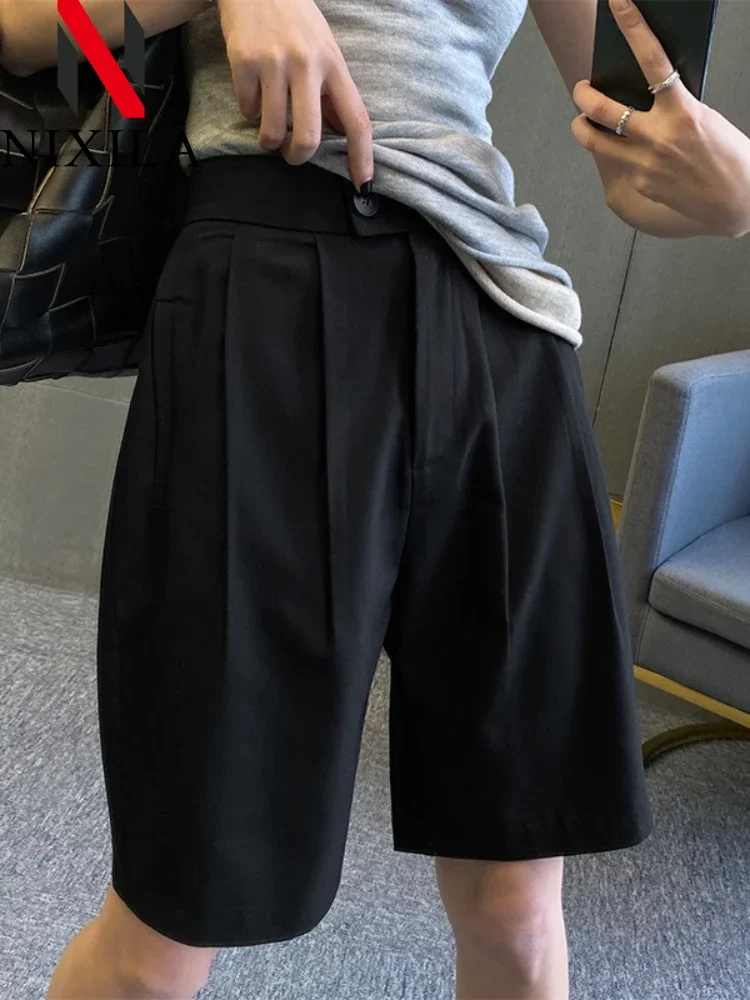 

Spring Summer Fashion Ladies Wide Leg Suits Shorts Casual High Waist Double Button Solid Color Straight Office Lady Shorts Pants