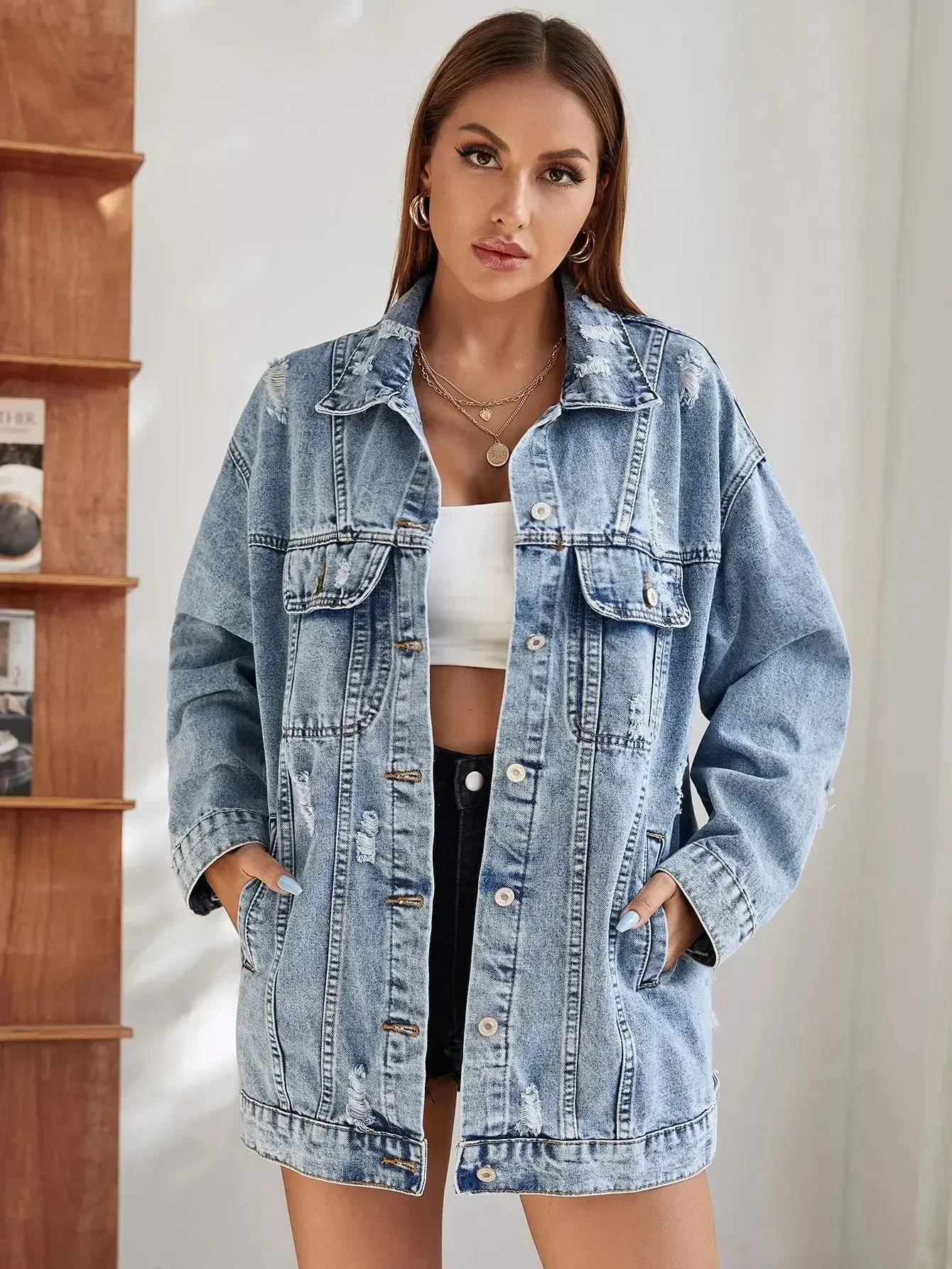 

Women Jacket Denim Coat Distressed Single Breasted Jackets Holes Outerwear Cardigan High Street Spliced Solid Pockets Button