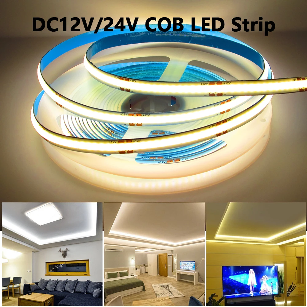 12V 24V COB LED Strip Light Waterproof 320/384/528/608 LEDs/m RA90 High Density Flexible Soft COB 12 24 V Led Strip Tape Diode