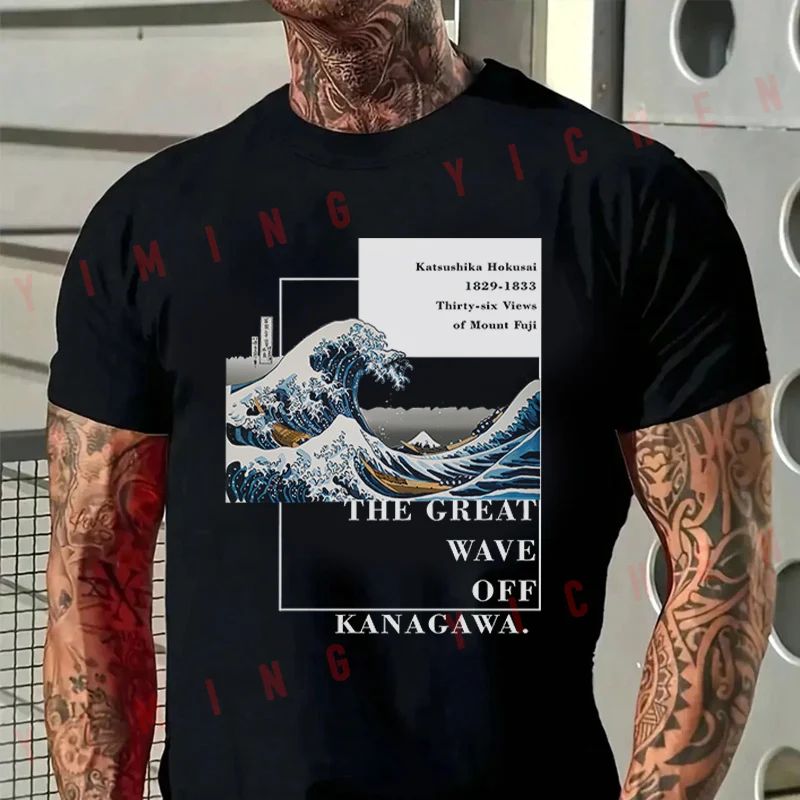 

Retro Kanagawa Design Men T-Shirt Moto Cotton Summer O-neck Short Sleeve Fashion Hip Hop Tee