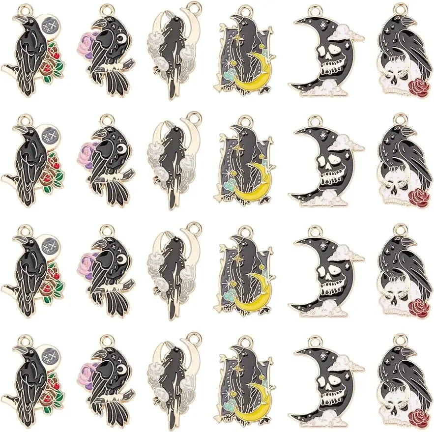 24Pcs Gothic Charms Bulk Crow Charms Enamel Raven Black Bird Skull Scary Halloween Skeleton Charm Rose Moon Charms