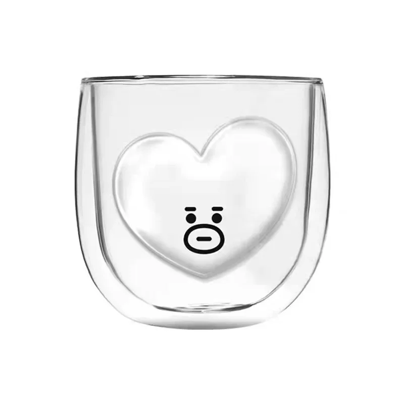 BT21 Creative Double-layer Glass Cup Kawaii Korea Anime Cartoon Coffee Cup Anti-scalding Party Teacup Mug Household Tableware