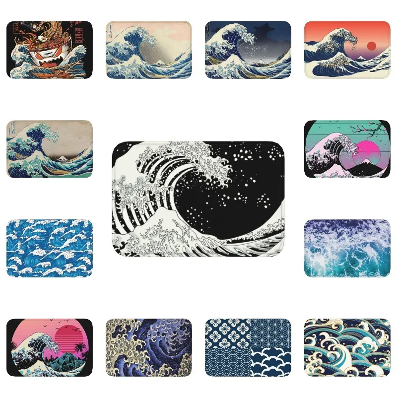 Black And White The Great Wave Off Kanagawa Front Door Floor Entrance Mat Japanese ukiyo-e Kitchen Bath Doormat Carpet Rug