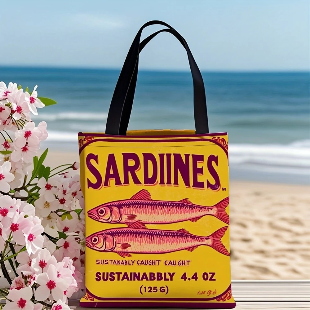1pc Sardine Chic Polyester Tote Bag Lightweight Durable Fabric for Work School Shopping Gifts Sardine Gifts Everyday Carry Bag