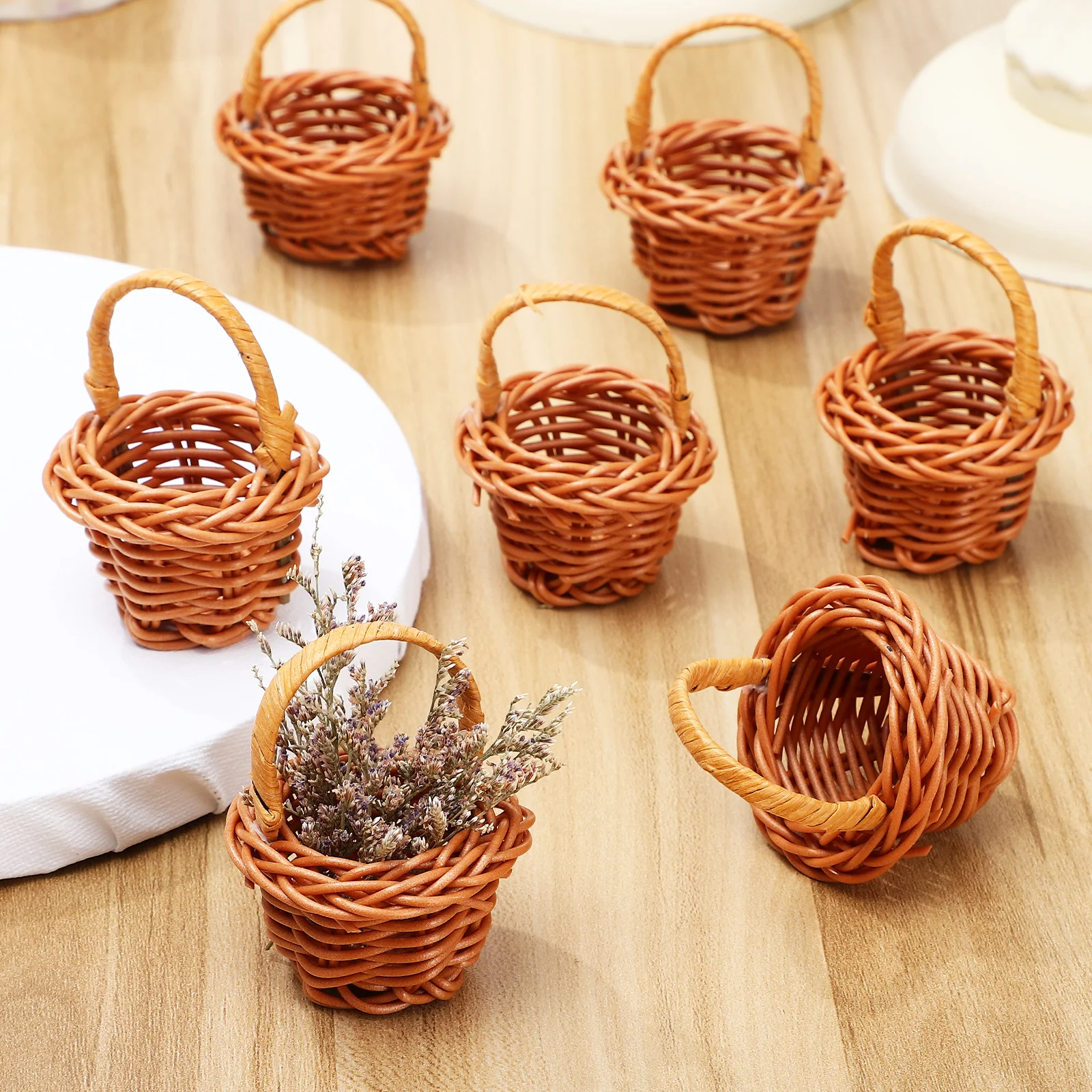 8pcs Woven Flower Baskets Decorative Accessories For Mini House Garden Kids Lovely Landscaping Decoration Desktop Ornament