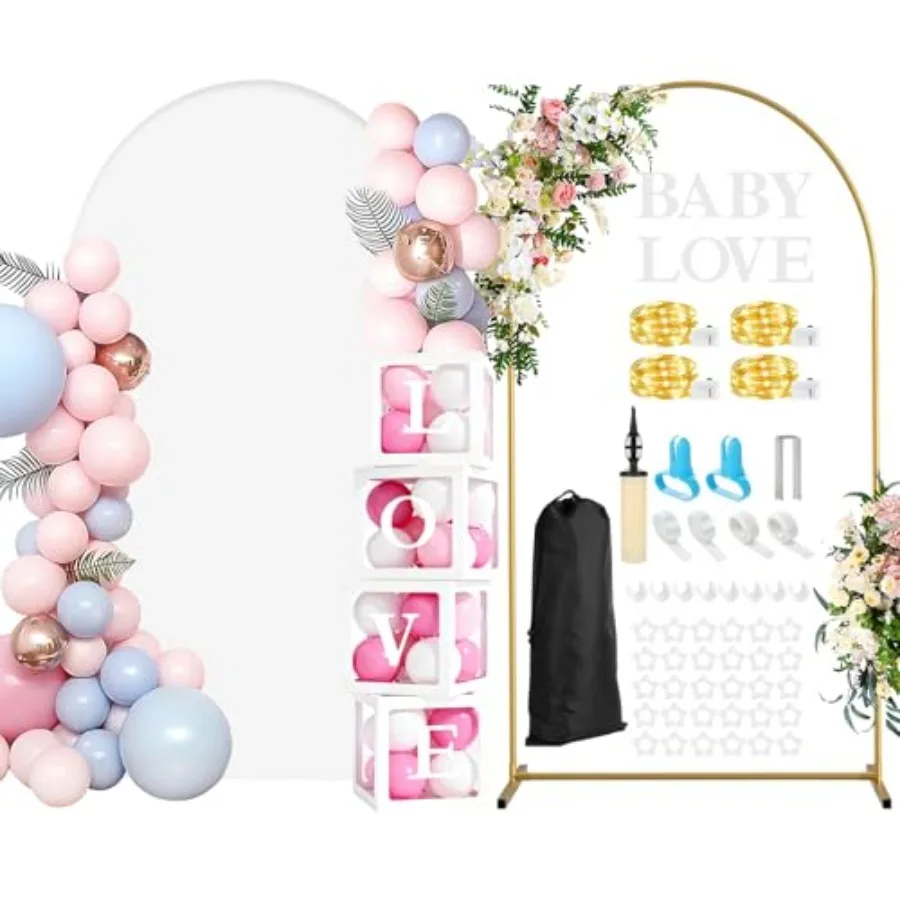 

Металлическая подставка для арочной арки 7,2 фута с белой эластичной крышкой для фона и коробками для воздушных шаров с инструментом для связывания букв для свадьбы Baby Shower Gen