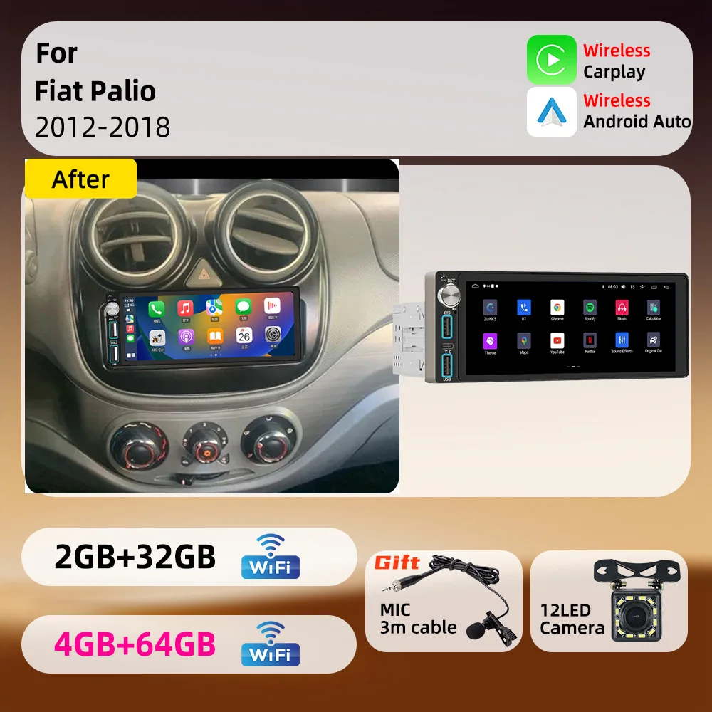 For Fiat Palio 2012-2018 Android 1Din Car Stereo 6.86 inch Screen Carplay GPS Car Multimedia Autoradio Radio Head Unit