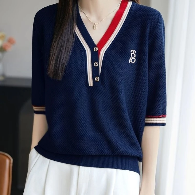 

New V-neck Short-sleeved Knit New Solid Color Loose Top