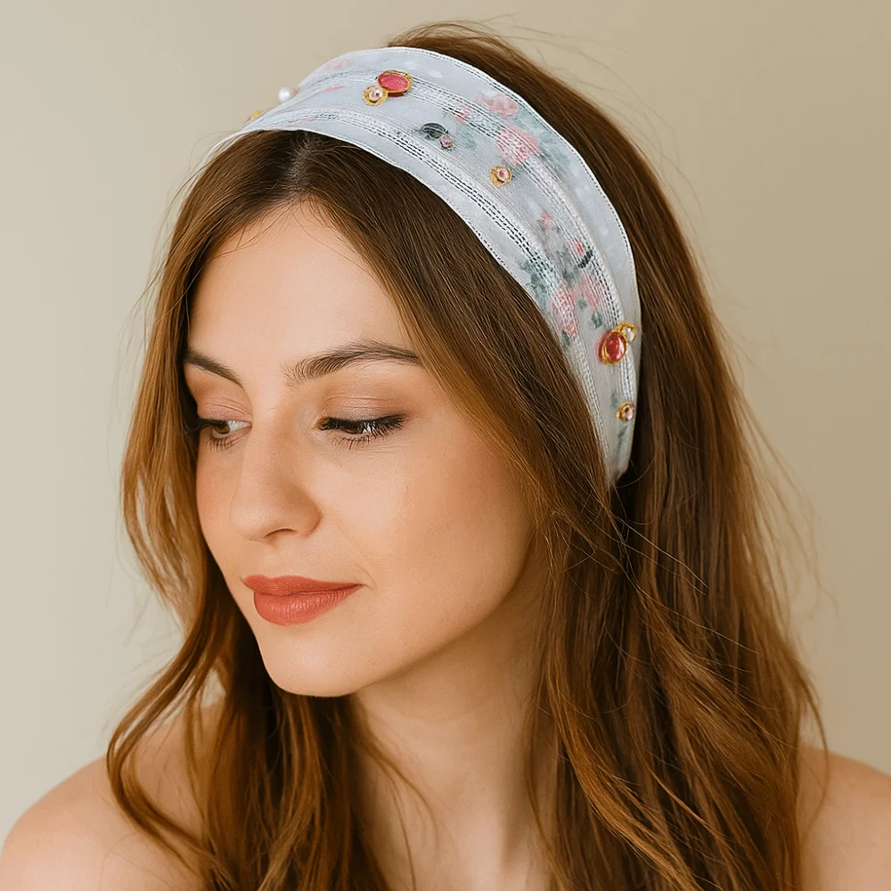 

Korean Style Embroidery Lace Headband Floral Flower Bow Hair Rope Ribbon Hair Accessories Rhinestone Hair Band Decoration