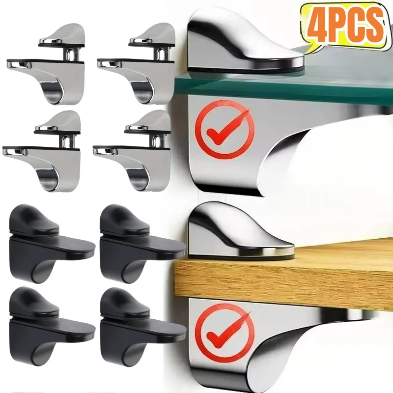 4 PCS Adjustable Wood/Glass Shelf Bracket,Wall Mount Shelves Support Clips,Metal Anti-Slip Floating Clamp,Partition Board Holder