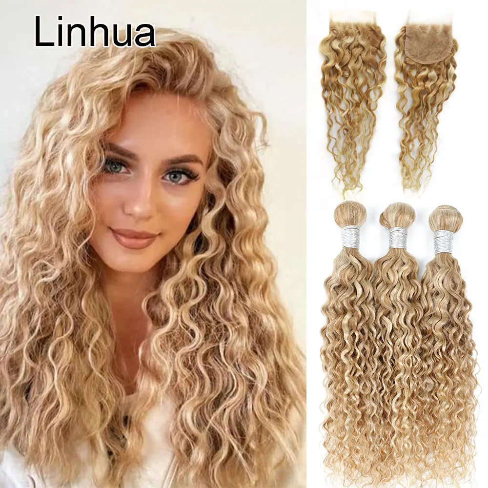 P27/613  Human Bundles With Closure Highlight Blonde Transparent Lace Closure With Bundles 3 or 4 Bundles With 22 inch Closure