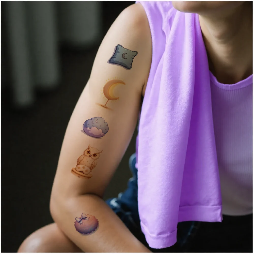 54 قطعة الوشم المؤقت القمر الكرتون تيدي بير البومة مقاوم للماء طويلة الأمد ملصقات الجسم على مدار الساعة للأطفال الأولاد الكتفين
