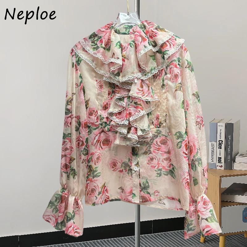 Neploe Sweet French Style Vintage Chiffon Women Clothing Minority Korea Stand Collar Loose Flare Shirt Lace Ruffles Ruched Blusa