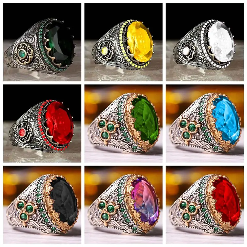 Bezel Inlaid Crystal Men\'s Luxury Ring Personality Retro Big Gemstone Ring Ethnic Turkish Style Arab Man Ring Party Jewelry