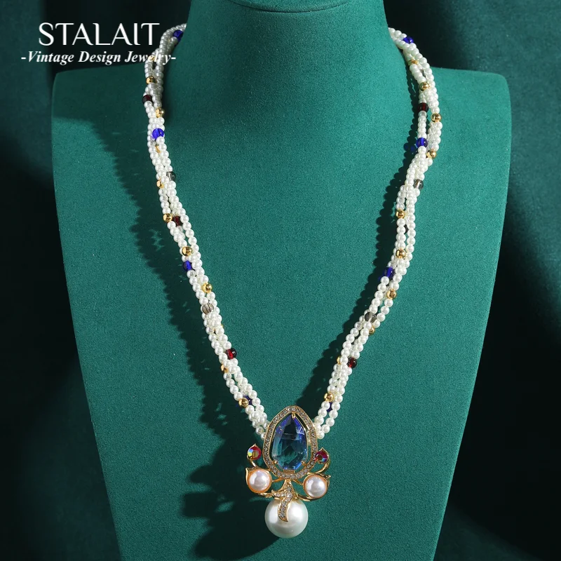 

Vintage Pearl Necklace Jewelry Blue Crystal Pendant Luxury Designer Designer Bride Choker Neck Women Accessories Gift Wedding