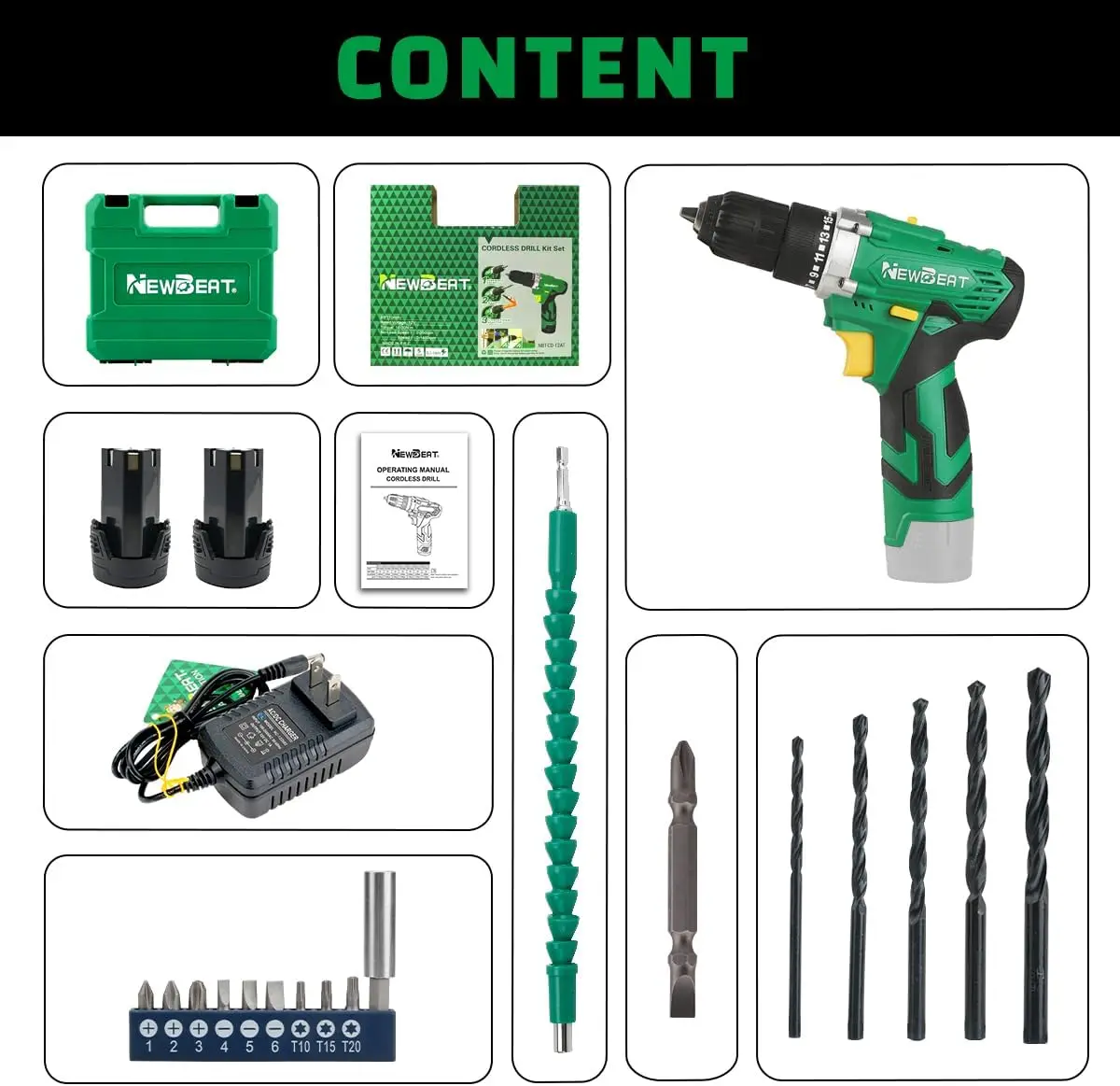 

Cordless Drill Set, 12V Power Drill Driver with 2 Batteries and Charger, 3/8" Keyless Chuck,2 Variable Speed,15+1 Torque Setting