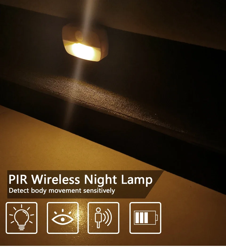 Stick on PIR Motion Sensor LED Night Light Battery Operated Nightlight for Bathroom Hallway Stairs Closet Cabinet Bedroom Decor