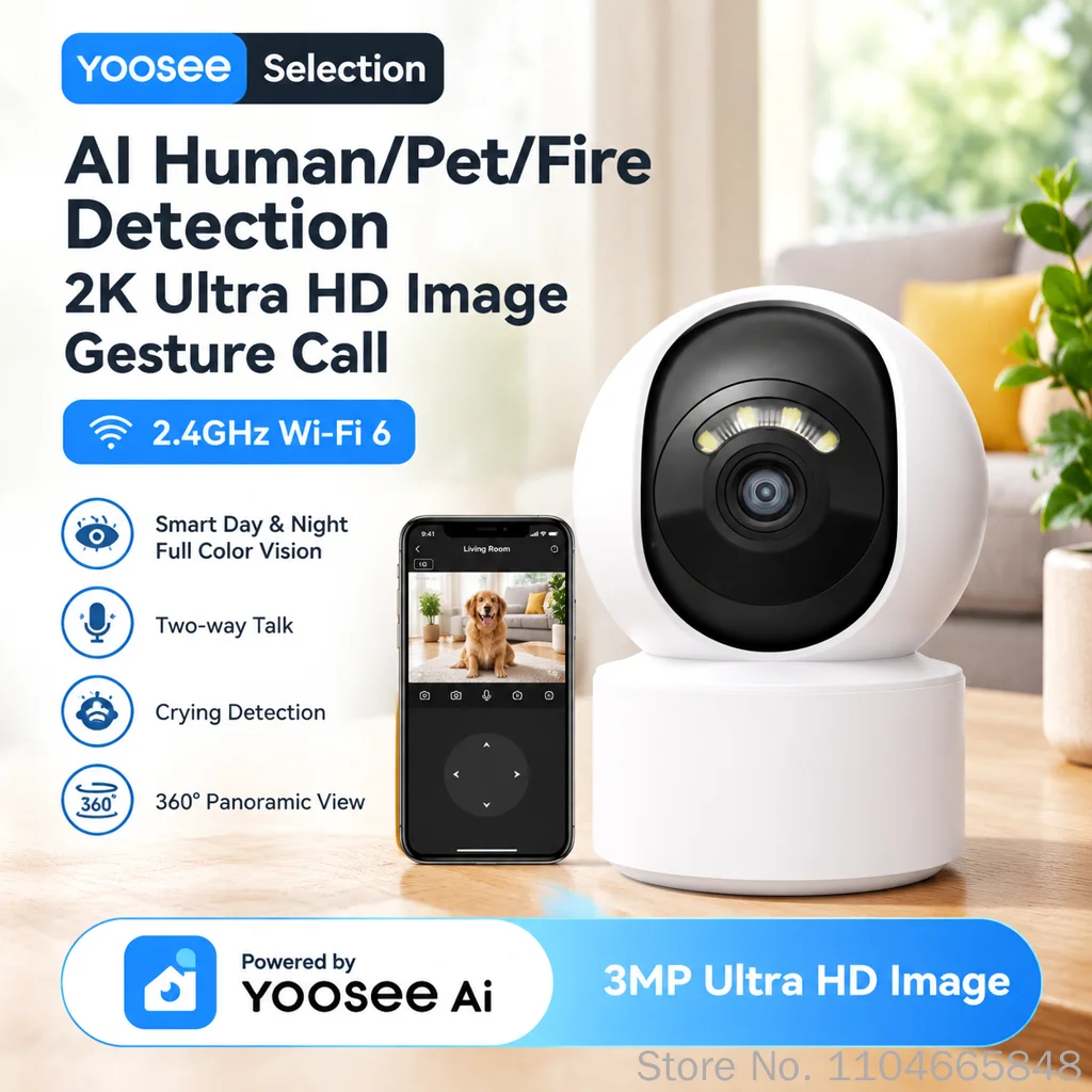 Yoosee B31-S AI Security Camera 2K 3MP WiFi6 360 Degree Auto Tracking Full Color Night Vision Two Way Audio Onvif 256GB SD