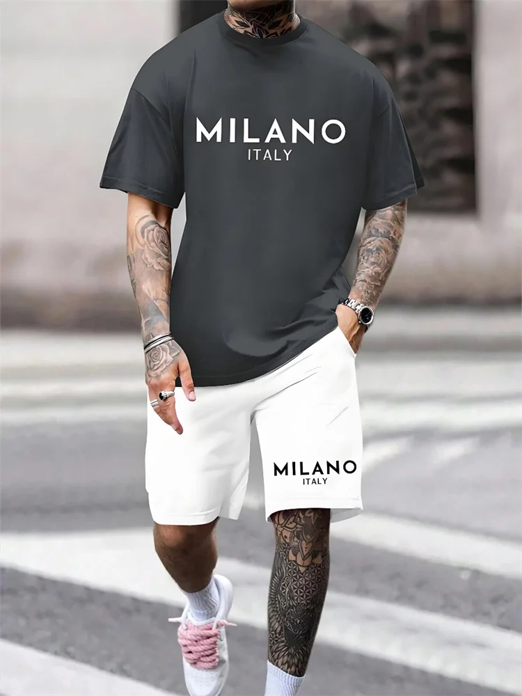 Two-piece Milano Print Men's Set Summer Casual Everyday Men's Short-sleeved T-shirt Outdoor Street Men Fashion Sports Shorts