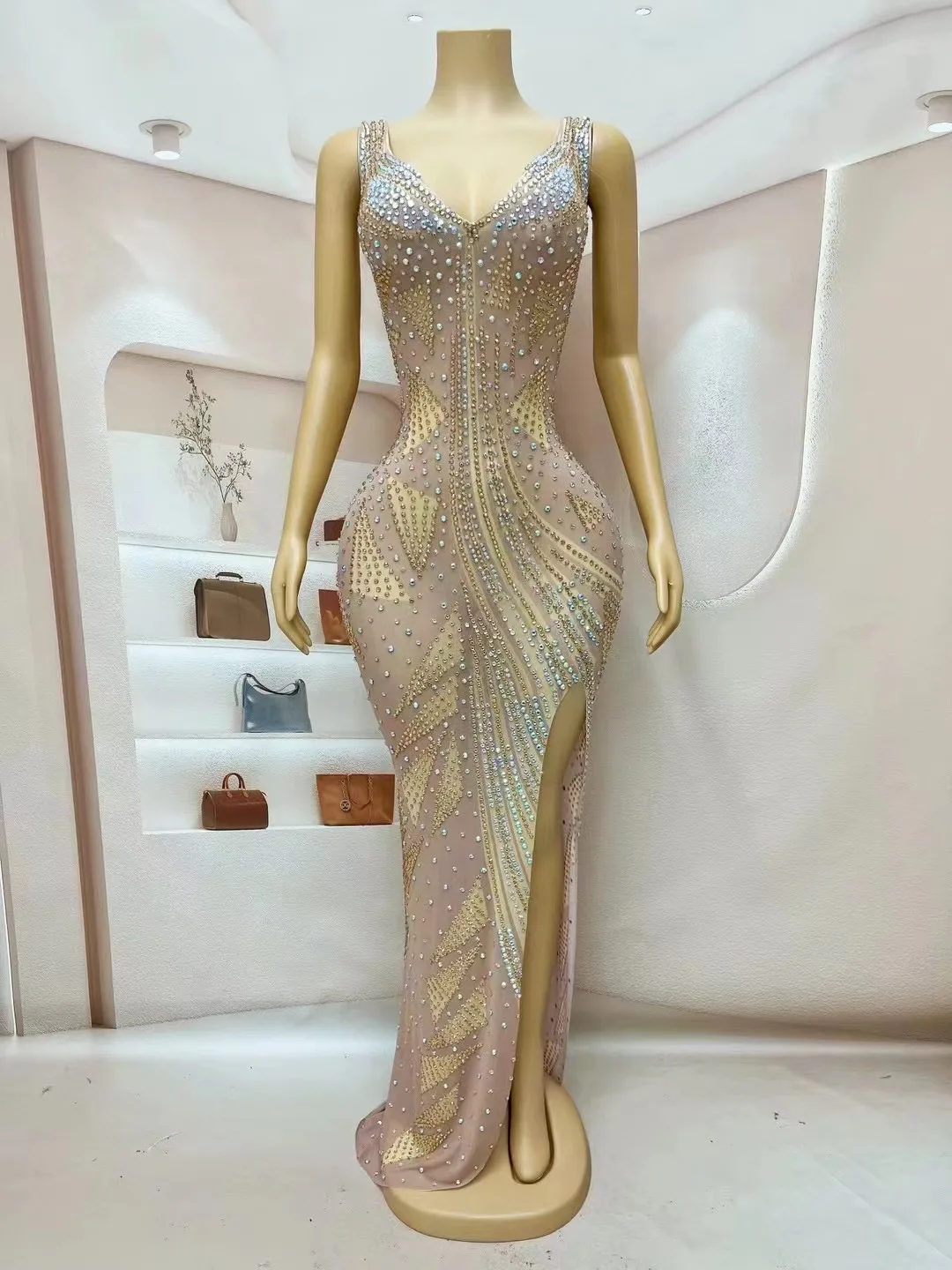 Sexy Luxury Silver Gold Crystals Sleeveless Dress Transparent Outfit Dance Stage Celebrate Nightclub Party Photoshoot Costume