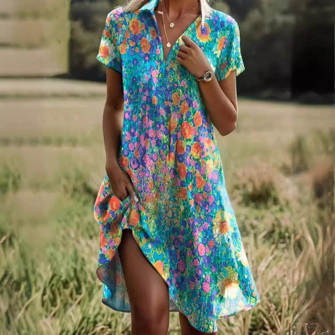 

Women A Line Dresses Print Dress Spliced V Neck Short Sleeve Knee Lenth Loose Waist Slight Strech Office Lady Casual 2025 Summer