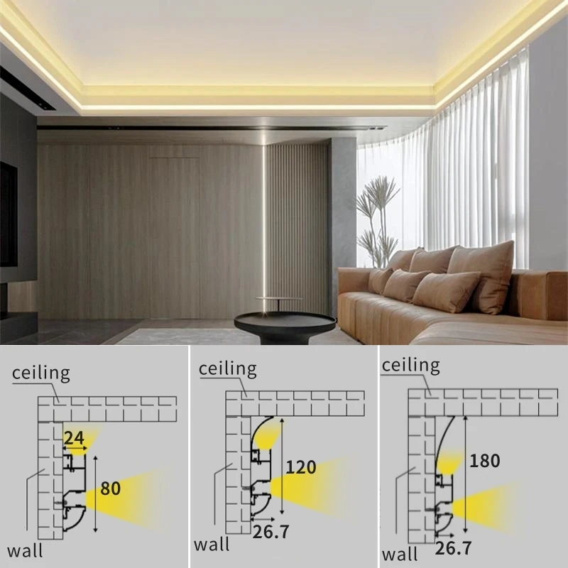 W górę w dół Świecący profil aluminiowy LED Sufit Górny narożnik Kanał liniowy Podświetlenie Ściana Mycie Sypialnia Home Decor Bar Strip Light