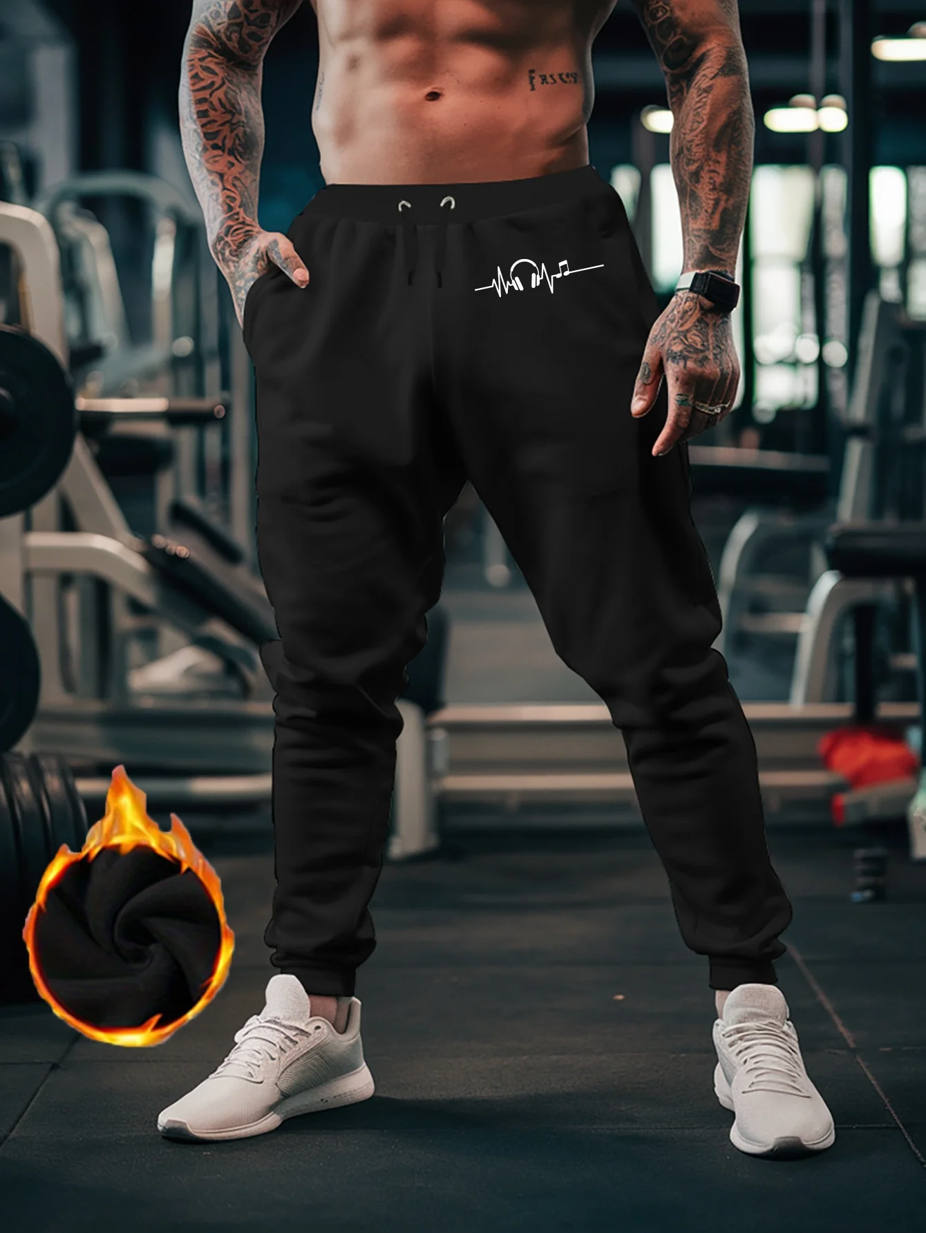 Headphone Music Note Print Jogger Pants, Trendy Youth Casual Trousers, Student‑Style Drawstring Cuffed Sweatpants