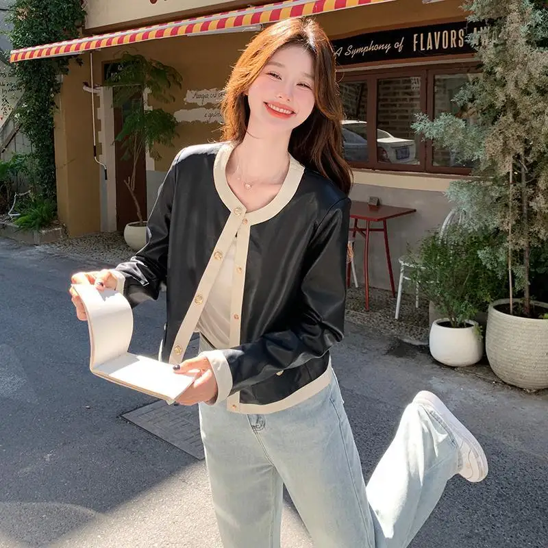 봄과 가을 2025 새로운 스타일 슈퍼 인기 칼라리스 가죽 자켓 여성 하이 엔드 작은 향기로운 스타일 자켓