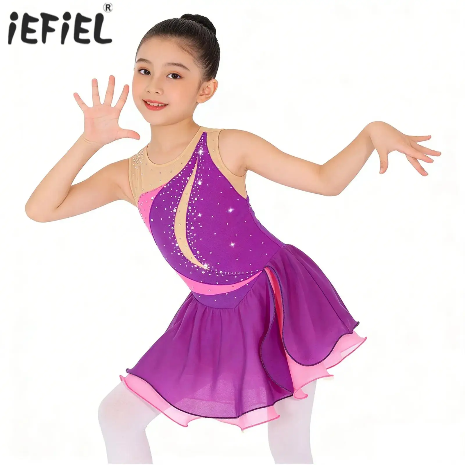 

Kids Girls Ballet Lyrical Dance Dress Shiny Rhinestone Artistic Skating Dance Dress Ruffle Rhythmic Gymnastics Leotards Costume