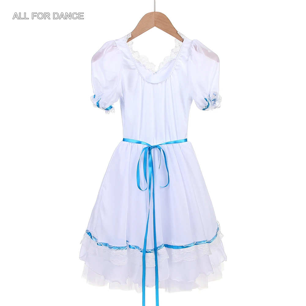 23157 Short Sleeves Ballet Dance Tutus Gilrs & Women White Bodice with Blue Ribbon Trim Attached Romantic Tutu Skirt