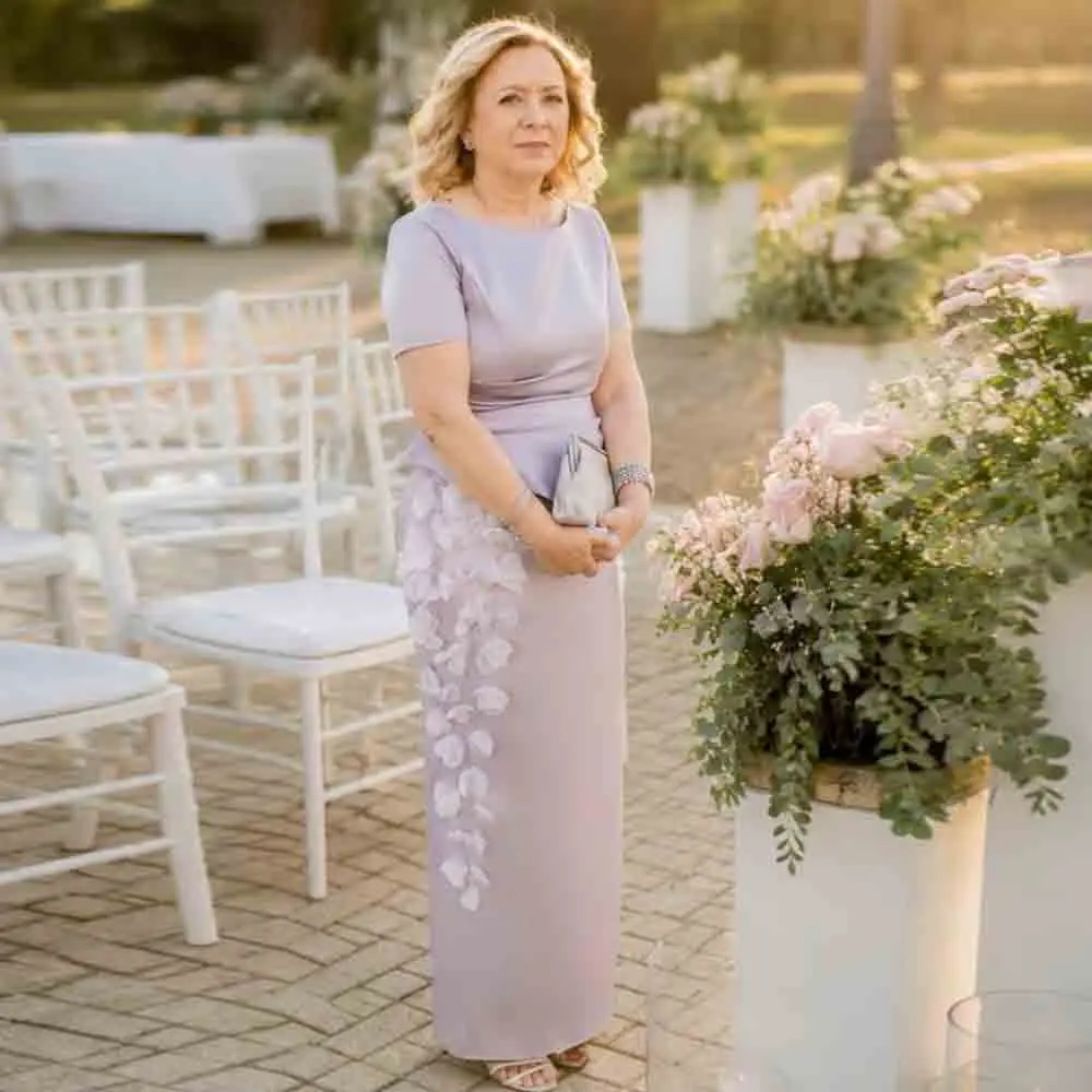 Customized Lavender Satin Mother Of The Bride Dress 3D Floral Appliques Column Wedding Guest Maxi Dresses with Short Sleeve