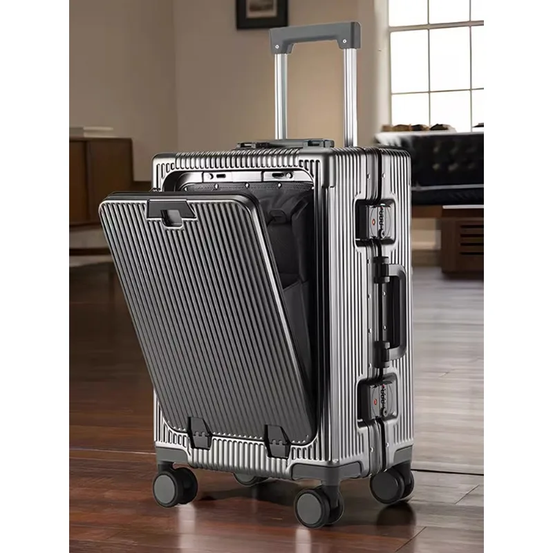 

Front open suitcase tie rod buckle cover 24 inch large capacity usb charging cup holder multi-functional aluminum frame