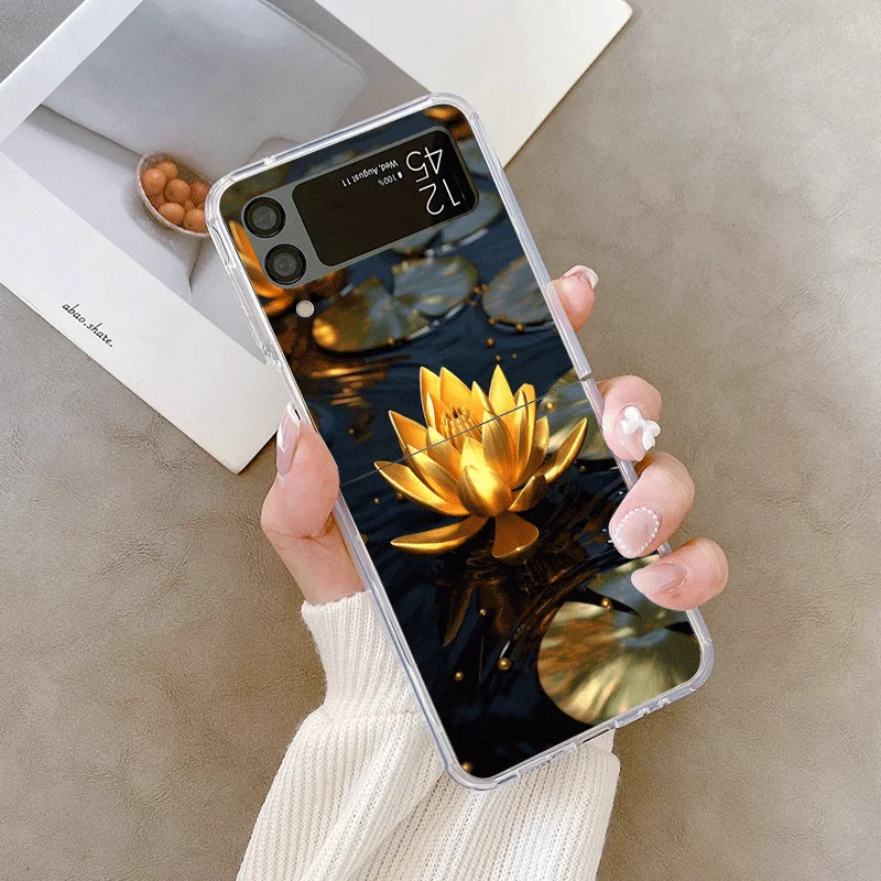 الإبداعية الذهبي لوتس زهرة نمط قضية الهاتف لسامسونج غالاكسي Z فليب 7 فليب 6 5 4 3 غطاء قابل للطي ل Z Flip7 فليب 5 قذيفة #6