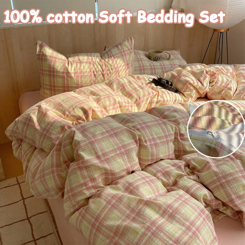 

New Nordic Pink Stripes Duvet Cover Set 100% Cotton 3/4PCS Skin Friendly Bedding with Pillowcases for Girls Room Princess Style
