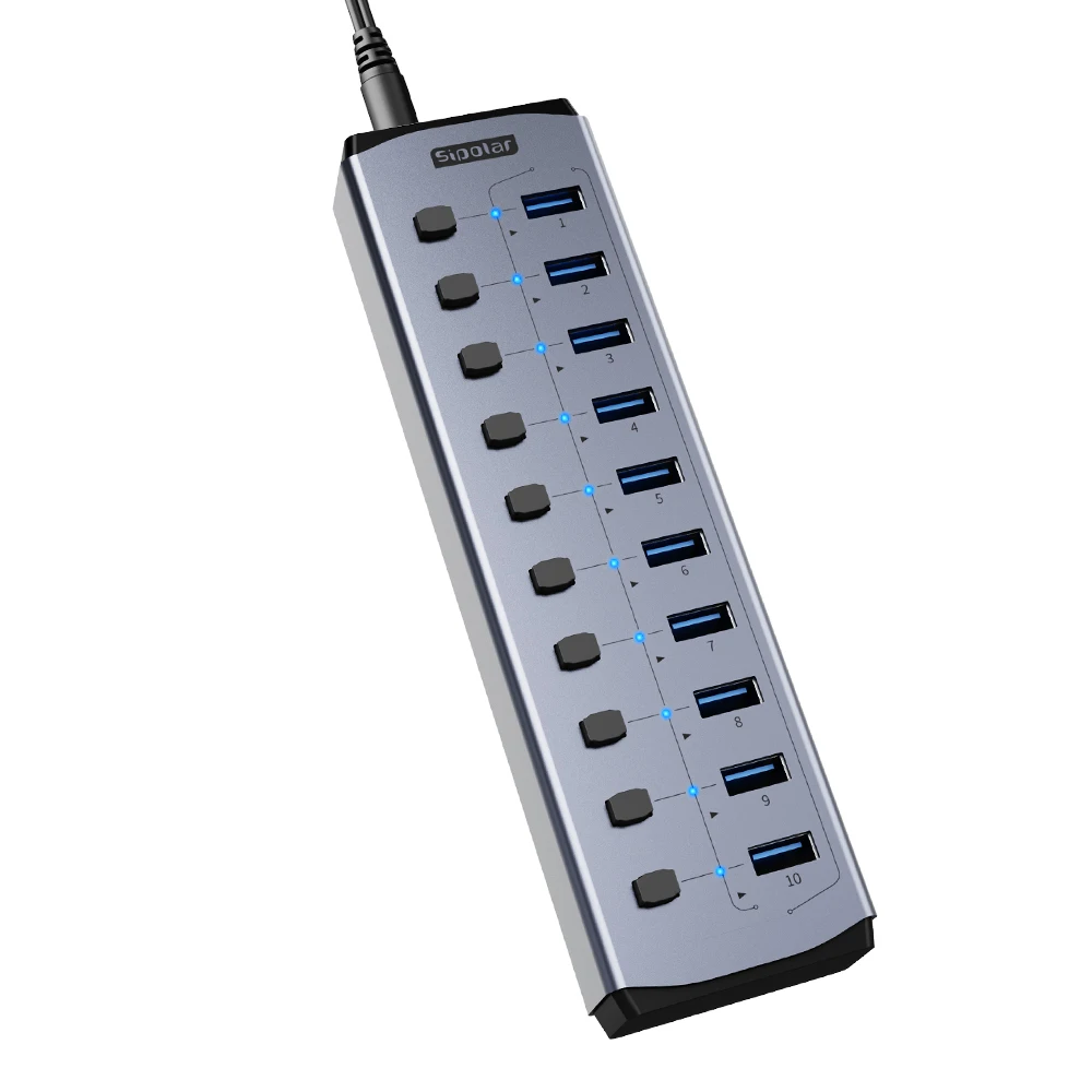 Sipolar FS-803 10 Port USB 3.0 Hub High Speed Data Transfer  Splitter 12V 4A Power Adapter individual switch For Phone