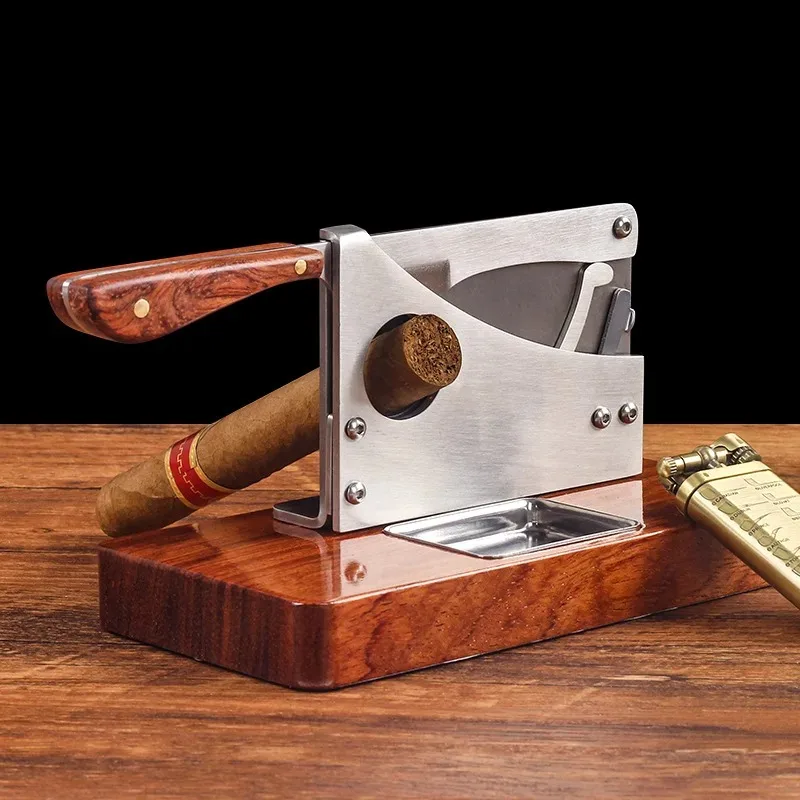 Stainless Steel Cigar Cutter Sharp Blade Solid Wood Desktop Cigar Cutter with Cigar Caps Trays Luxury Puro Scissors Living Room