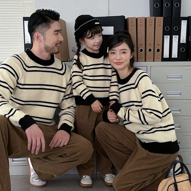 

Winter Family Striped Sweater Parent-child Knitted Long Sleeve Jumper Korean Mother Father and Son Daughter Matching Clothes